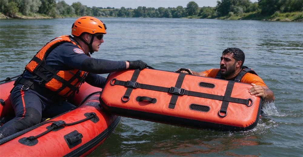 River and lake water rescue, authentic foam-filled platform with horizontal straps, victim in water holding platform side, rescuer on gray inflatable boat reaching out, another rescuer in water assisting, tree-lined riverbank.