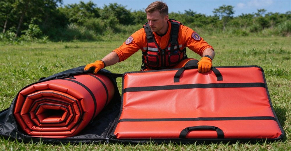 Rescuer in full orange gear kneeling on grass unrolling authentic foam-filled platform with horizontal straps, buckles and drainage holes, partially unrolled showing both rolled and flat forms, black storage bag nearby.