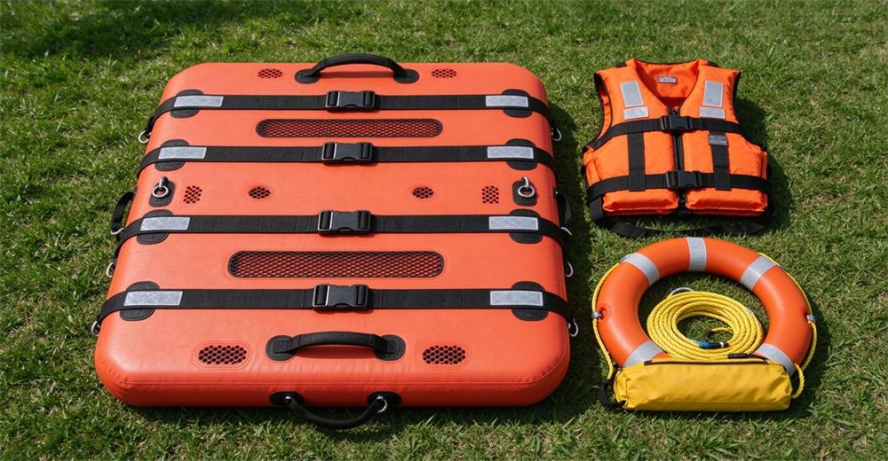 Basic rescue combo on grass: authentic foam-filled platform with horizontal straps, buckles, handles and drainage holes, orange life jacket, orange lifebuoy ring, yellow throw rope bag, overhead flat-lay view. Basic rescue combo on grass: authentic foam-filled platform with horizontal straps, buckles, handles and drainage holes, orange life jacket, orange lifebuoy ring, yellow throw rope bag, overhead flat-lay view.
