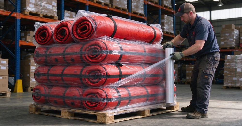 Bulk packaging of ten rolled foam-filled floating platforms on pallet with worker applying shrink wrap, showing wholesale order preparation and shipping packaging. Bulk packaging of ten rolled foam-filled floating platforms on pallet with worker applying shrink wrap, showing wholesale order preparation and shipping packaging.