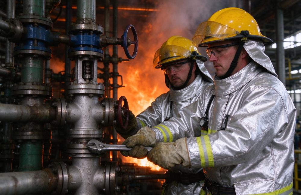 Aerial view of refinery crew working in aluminized fire proximity suits on hot valve maintenance for radiant heat protection bulk supply to industrial maintenance teams