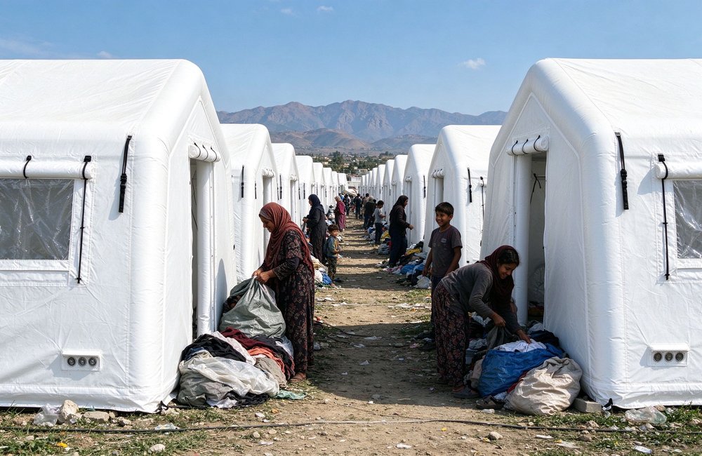 Displacement camp with inflatable shelter emergency response units for disaster victims humanitarian relief temporary housing government emergency response programs for disaster victims humanitarian relief temporary housing government emergency response programs