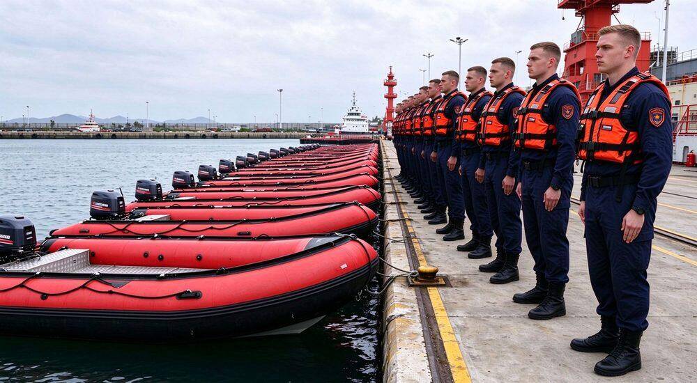 Fleet of multiple flood rescue boats docked at emergency response station ready for immediate deployment with male rescue crews standing by for disaster relief missions worldwide