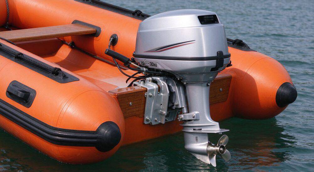 Outboard motor mounted on reinforced transom of inflatable rescue boat showing engine clamp brackets throttle controls and propeller assembly ready for water rescue vessel operation