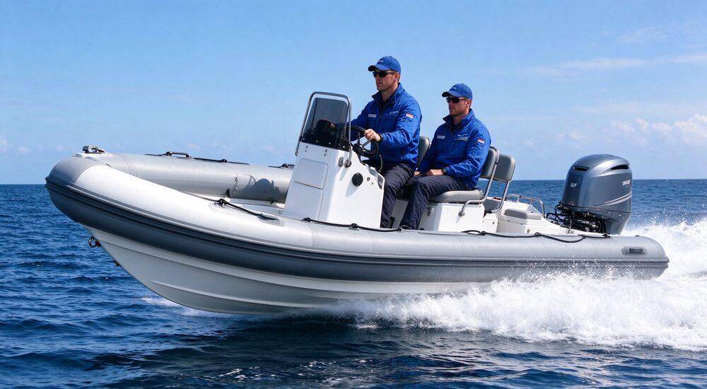 Fiberglass rigid inflatable boat RIB speeding across open water with white V-shaped hull and orange collars demonstrating speed stability and seaworthiness for rescue missions worldwide