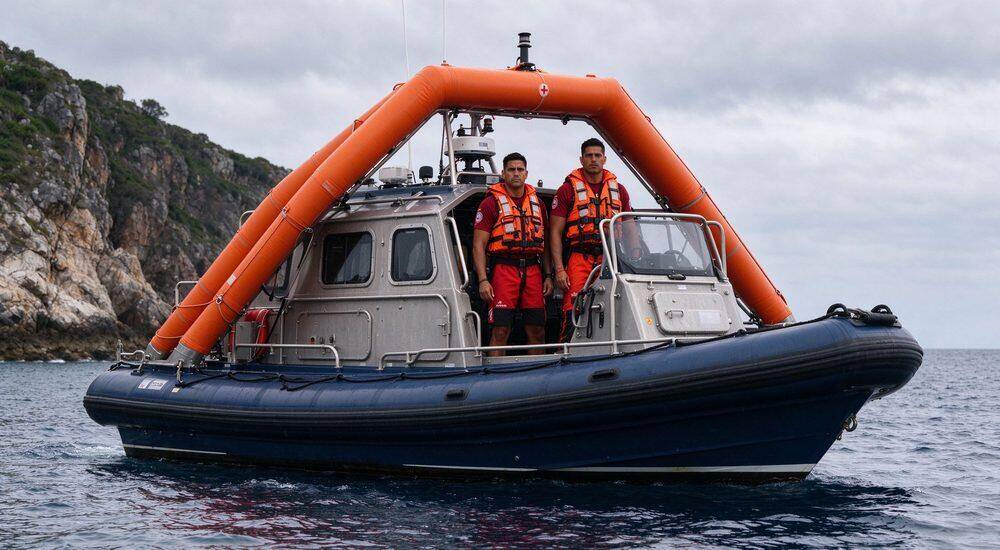 Self-righting inflatable rescue boat demonstrating capsize recovery in large river with multiple male rescuers onboard showing stability and automatic reorientation capability in fast current and rough water