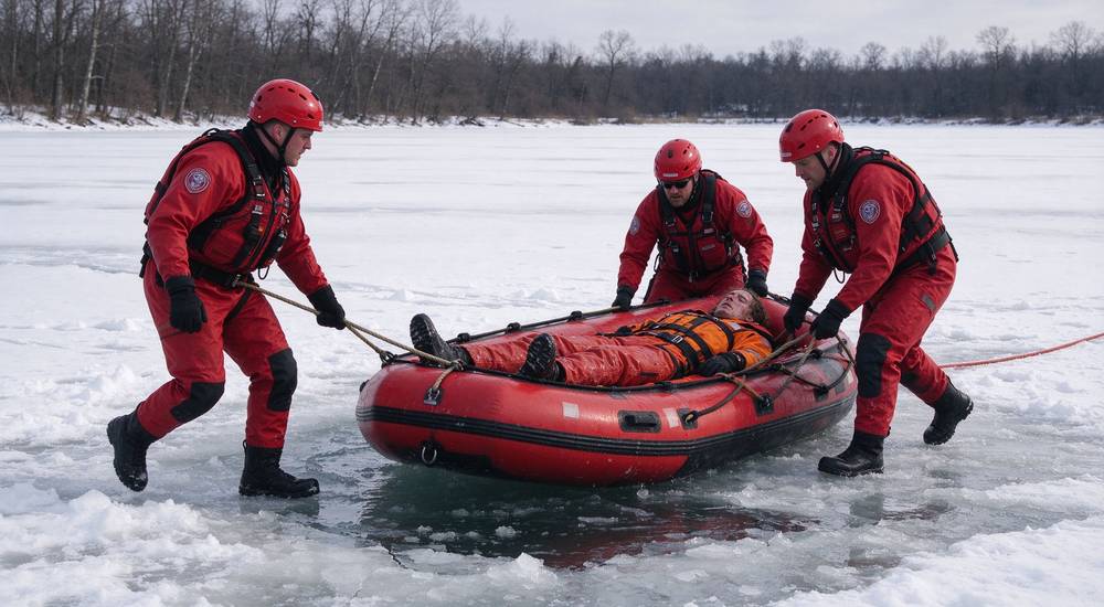 Urban flood rescue operation with inflatable rescue boat navigating submerged city street while male rescuers evacuate elderly residents from upper building floors safely and efficiently