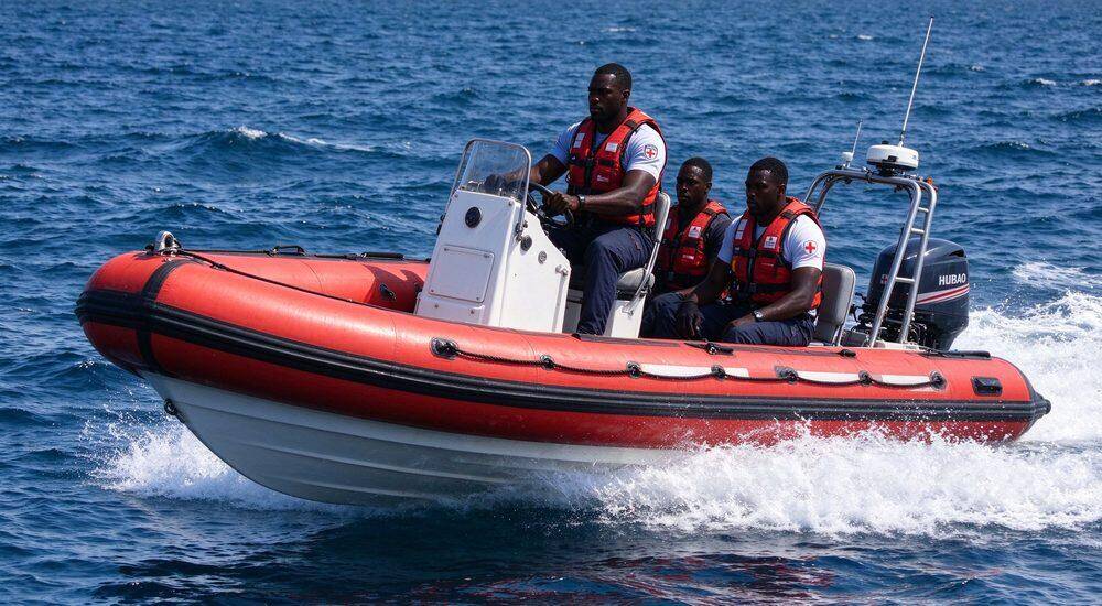 Coastal sea rescue with rigid inflatable boat RIB navigating waves approaching distressed fishing vessel showing offshore emergency rescue boat capability and endurance in rough coastal waters