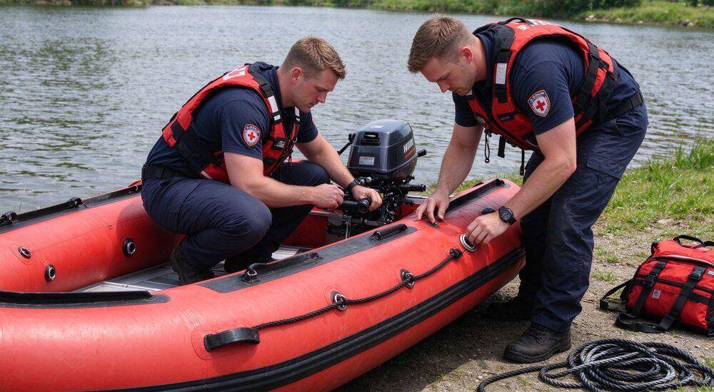 Pre-launch inspection of inflatable rescue boat where male rescuers check inflation valves grab ropes D-rings and floor panel security before water rescue vessel deployment and readiness