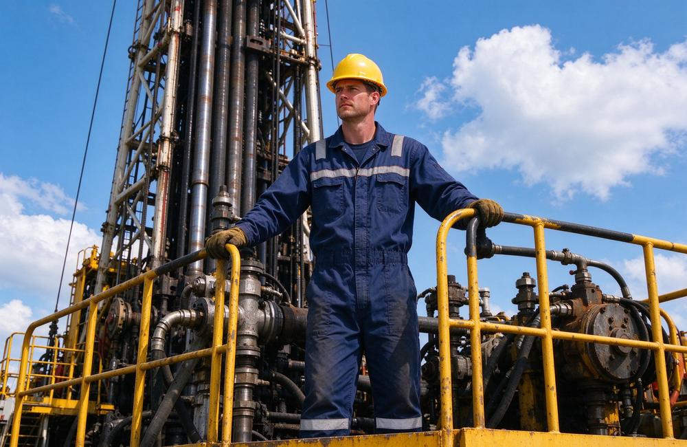 Eye-level view of oil field worker wearing FR coveralls on drilling platform for flame resistant workwear wholesale supply and oil and gas workplace safety compliance