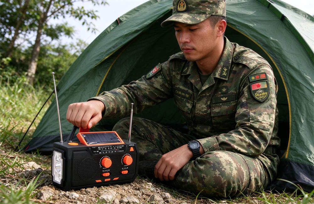Man in relief worker uniform sitting next to a field tent hand cranking an emergency radio listening to alerts during multi-day power outages in remote disaster zones