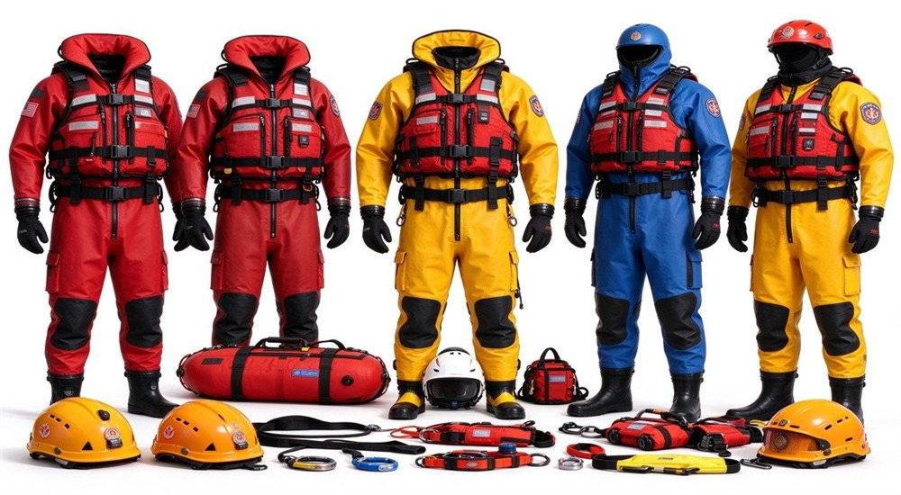Professional water rescue team standing together in full gear including high buoyancy PFDs helmets and dry suits ready for emergency response operations worldwide Professional water rescue team standing together in full gear including high buoyancy PFDs helmets and dry suits ready for emergency response operations worldwide