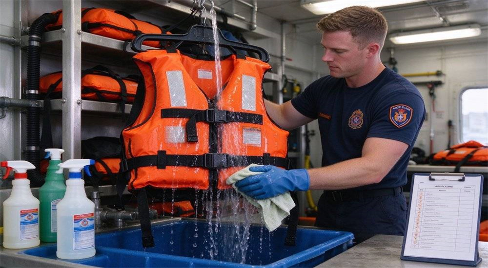 Water rescue gear maintenance inspection being performed by team member checking zippers seams and hardware on dry suit after flood operation