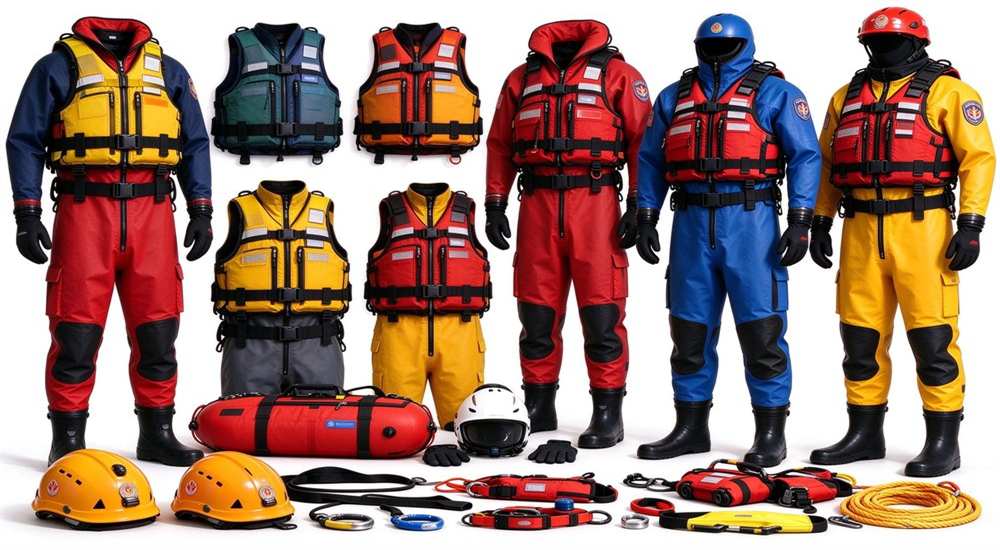 A variety of water rescue suits and life jackets, along with complete rescue accessories such as helmets and ropes
