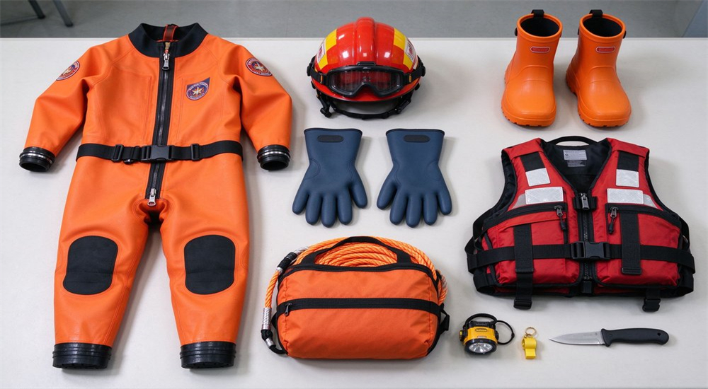 Complete PPE equipment layout flat lay showing dry suit system with thermal liner PFD helmet boots gloves and accessories for flood rescue procurement