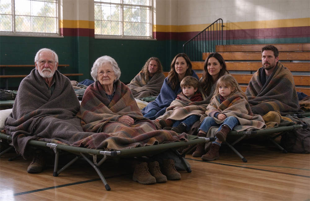 Diverse group of people in school gym wildfire shelter, elderly couple, family with two kids, single adult man, mixed genders and ages, all wrapped in wool blankets