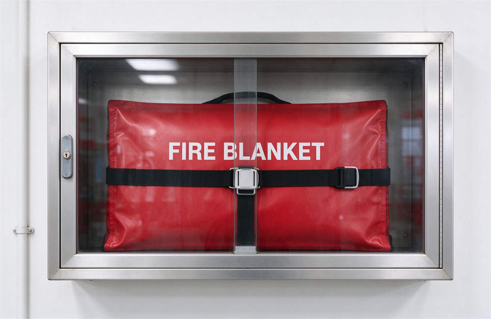 Red packaged fire blanket secured with straps inside recessed wall-mounted stainless steel glass cabinet, clearly labeled FIRE BLANKET for emergency fire response
