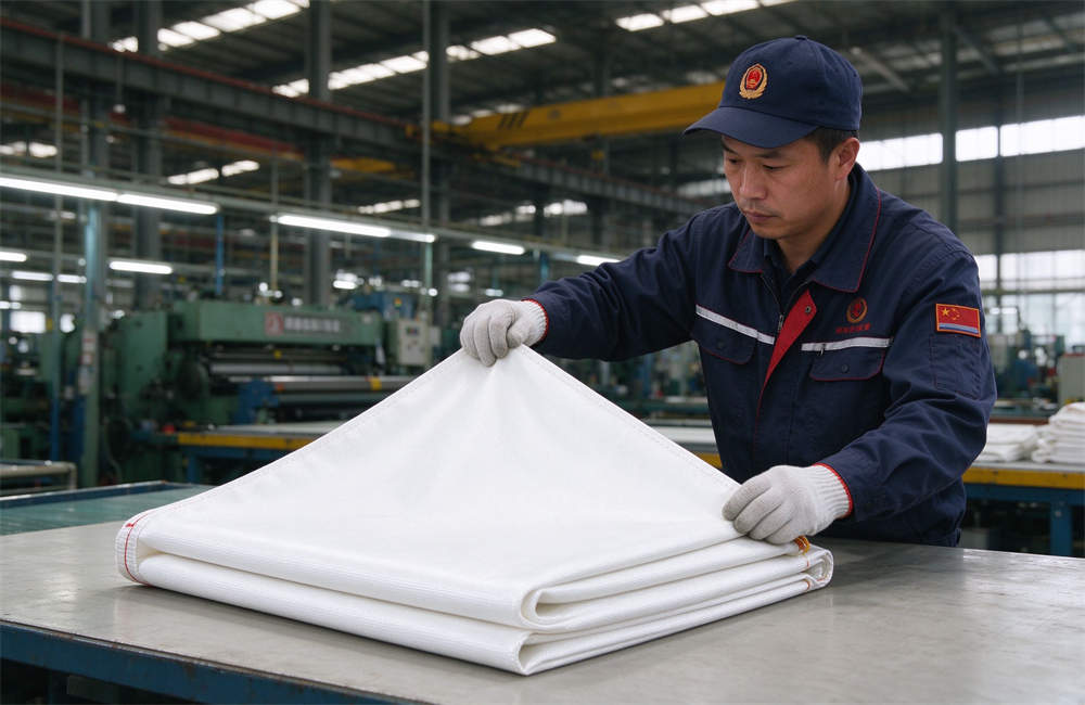 Chinese factory worker in uniform inspecting a white fiberglass fire blanket on a table for bulk orders, multiple sizes available