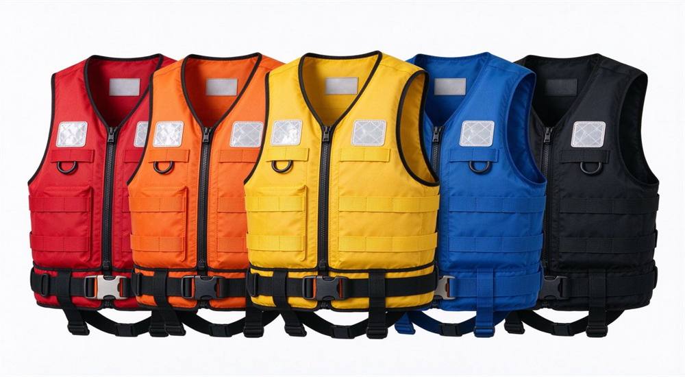 Collection of five different colored coastal rescue life jackets showing high-visibility orange yellow red and blue options with reflective tape for maritime safety and high buoyancy personal flotation device selection