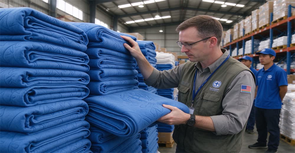 Eye-level view of NGO procurement officer checking supply list beside stacked emergency relief boxes in warehouse showing bulk disaster relief inspection