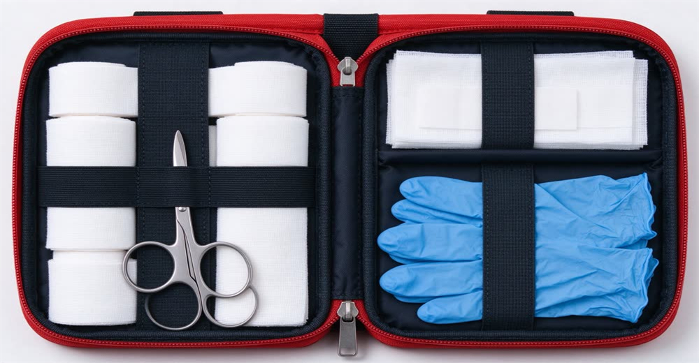 Top-down view of open red first aid kit with organized trauma supplies showing emergency medical kits for disaster response