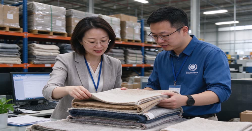 Eye-level view of NGO buyer and Chinese supplier reviewing contract and product catalog showing professional procurement partnership