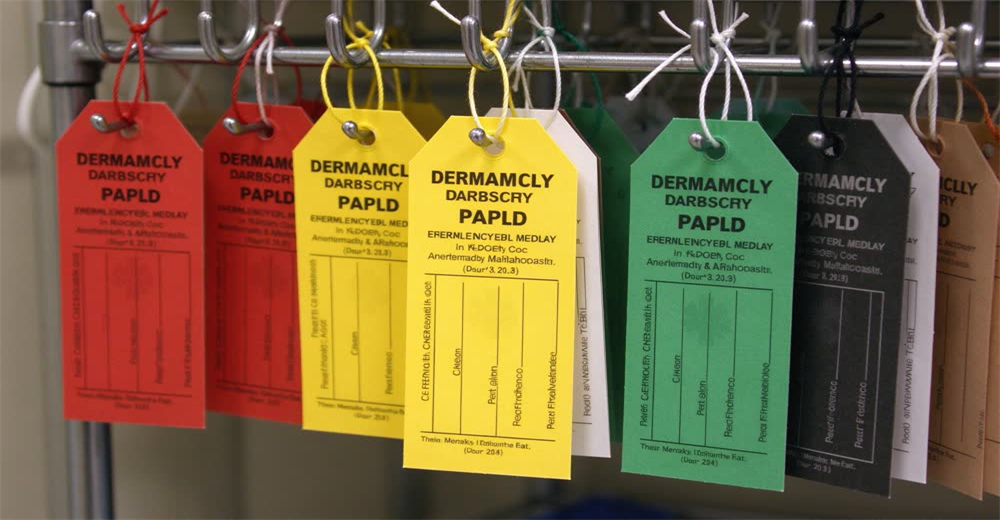 Top-down view of color-coded triage tags red yellow green black arranged on table showing START triage system labels
