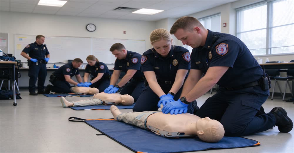 Wide view of emergency responders practicing tourniquet application in classroom training showing mass casualty first aid training Wide view of emergency responders practicing tourniquet application in classroom training showing mass casualty first aid training