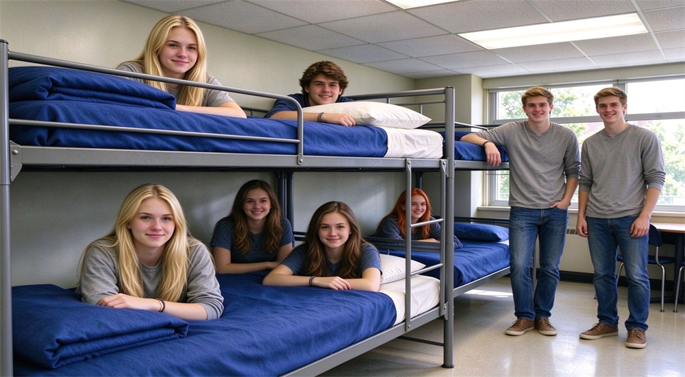 School dormitory bunk beds styled with blue bedding in a live boarding house scene for wholesale school dormitory supplies, showing mattress, pillow and sheet layering for comfortable student rooms