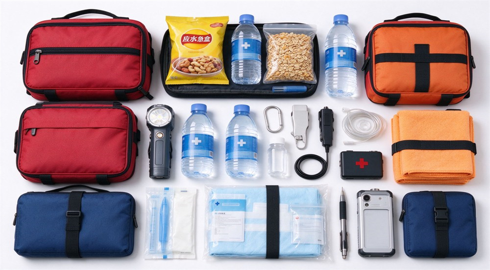 Transparent drinking water pouches with screw caps standing upright on clean white background, portable emergency water supply for family survival kits