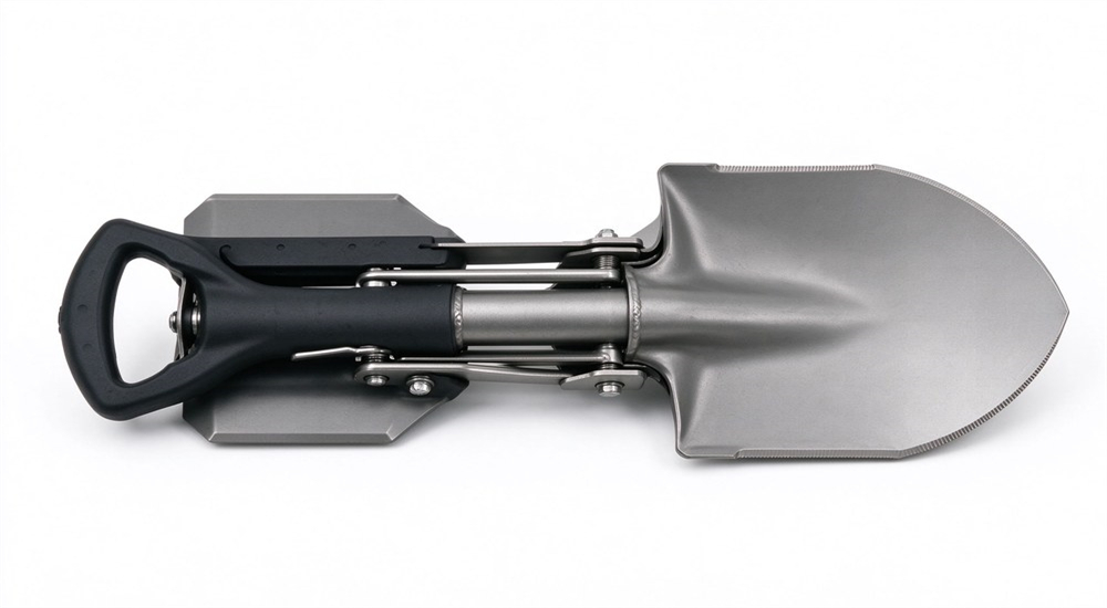 Folding emergency shovel with metal blade and black handle displayed flat on white background, multi-purpose digging tool for emergency preparedness
