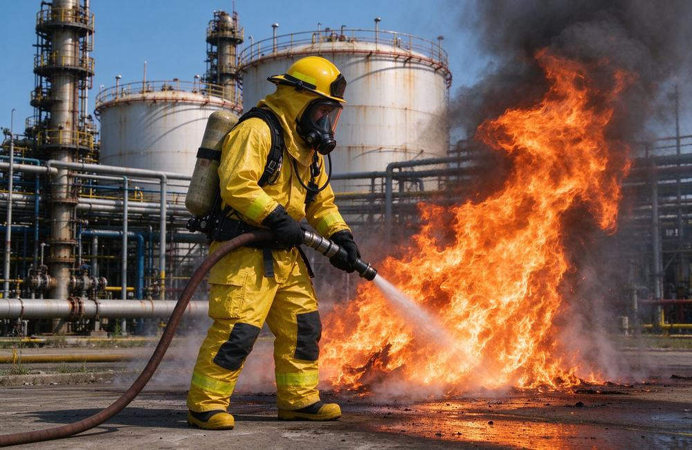 Wide-angle view of chemical plant fire scene where firefighter hazmat suit team operates for yellow chemical protective fire resistant chemical suit protection and chemical protective clothing response