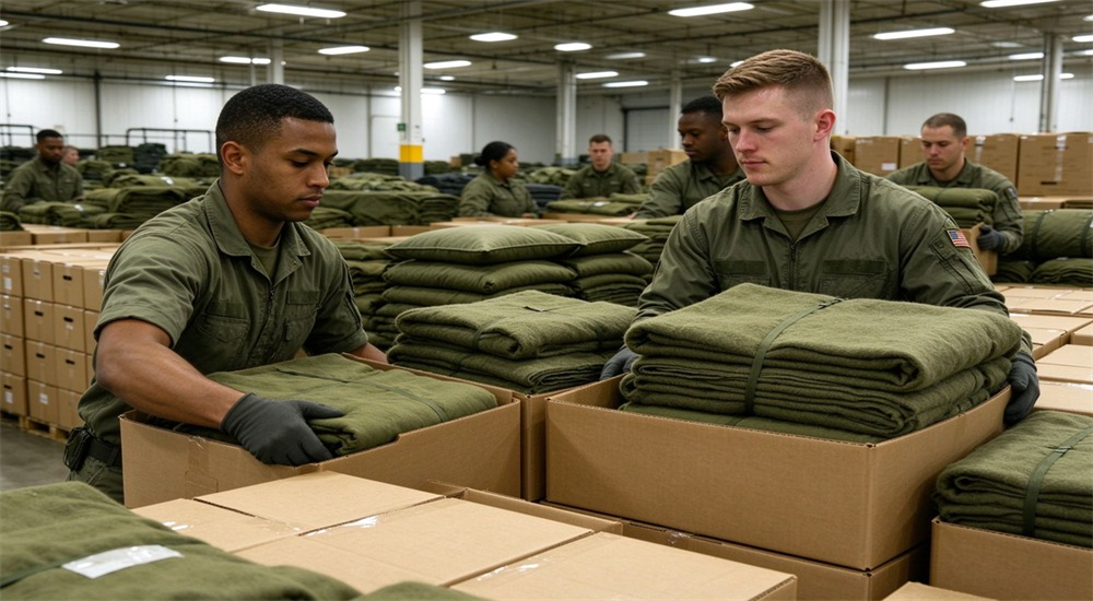 Workers pack thick olive green field blankets into cartons, robust heavy military bedding supplies. Workers pack thick olive green field blankets into cartons, robust heavy military bedding supplies.