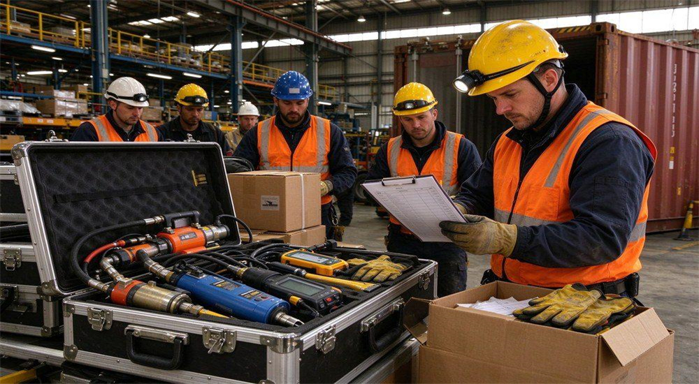 Workers inspect hydraulic rescue equipment packed in hard transport cases inside warehouse