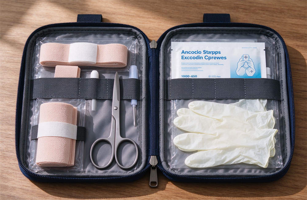 Open emergency first aid kit laid out on a wooden table showing bandages, scissors, antiseptic wipes, gloves, detailed product photography