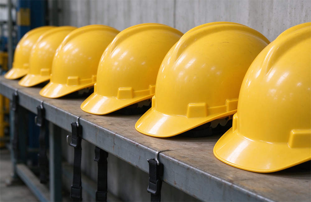 Warehouse wooden pallets stacked with cardboard boxes of colorful safety helmets in various colors for landslide rescue operations, wholesale pricing available