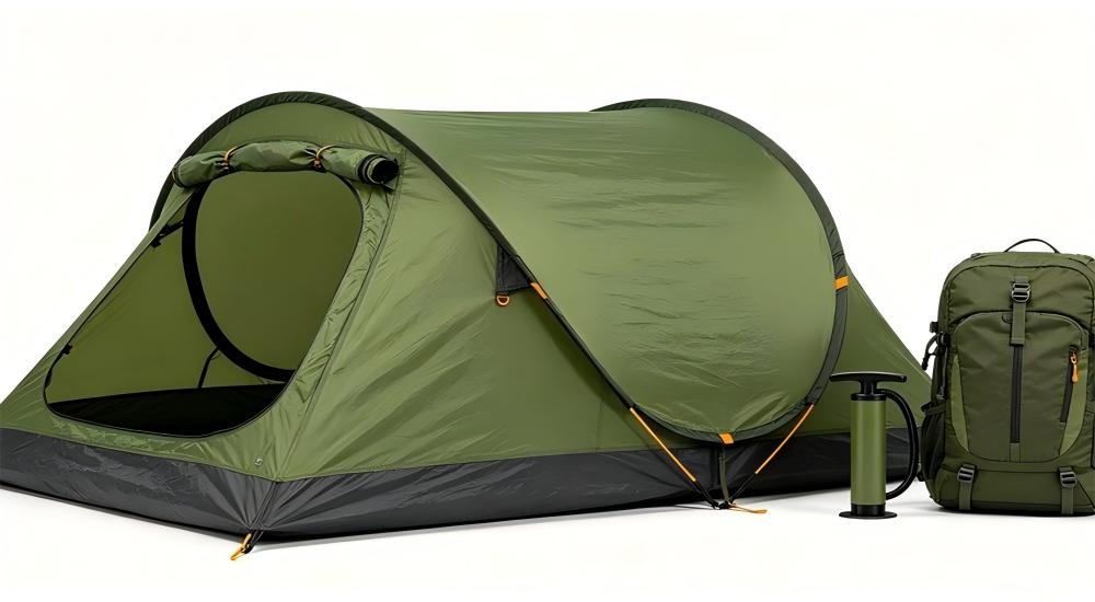 Olive green inflatable emergency tent with hand pump and storage backpack, durable waterproof disaster relief shelter Olive green inflatable emergency tent with hand pump and storage backpack, durable waterproof disaster relief shelter