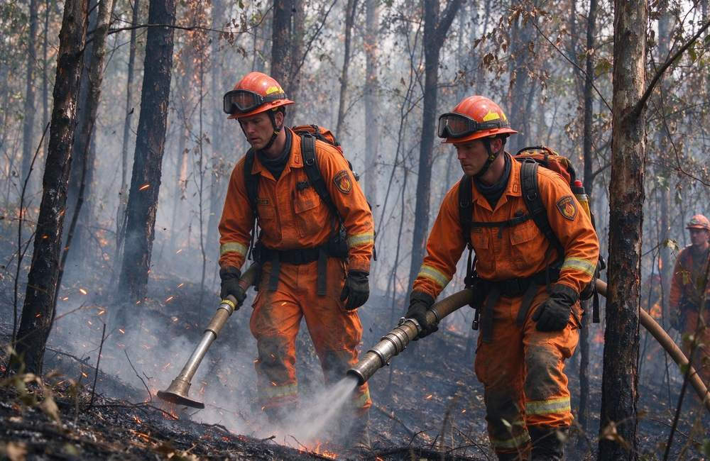 Wide-angle view of wildland firefighters working near drifting embers in forest fire suit for fire protective clothing ember resistance and wildland fire gear safety