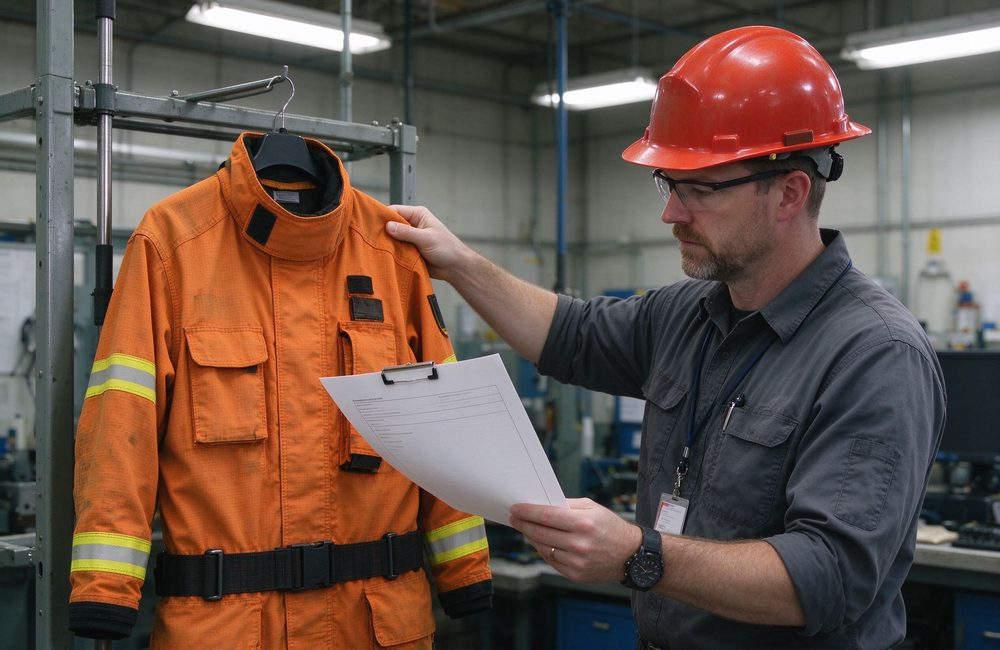 Overhead view of forest fire suit radio pocket and tool loops for orange with yellow trim wildland firefighting clothing field function and wildland fire gear operational convenience