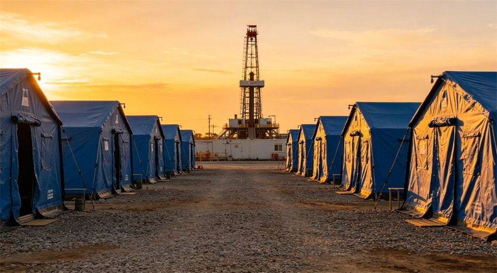 Oilfield worker camp accommodation tents at golden hour for offshore crew housing Oilfield worker camp accommodation tents at golden hour for offshore crew housing