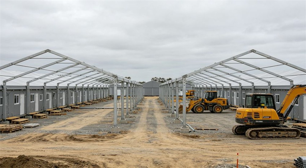 Construction site temporary worker camp with frame tents for project team accommodation Construction site temporary worker camp with frame tents for project team accommodation