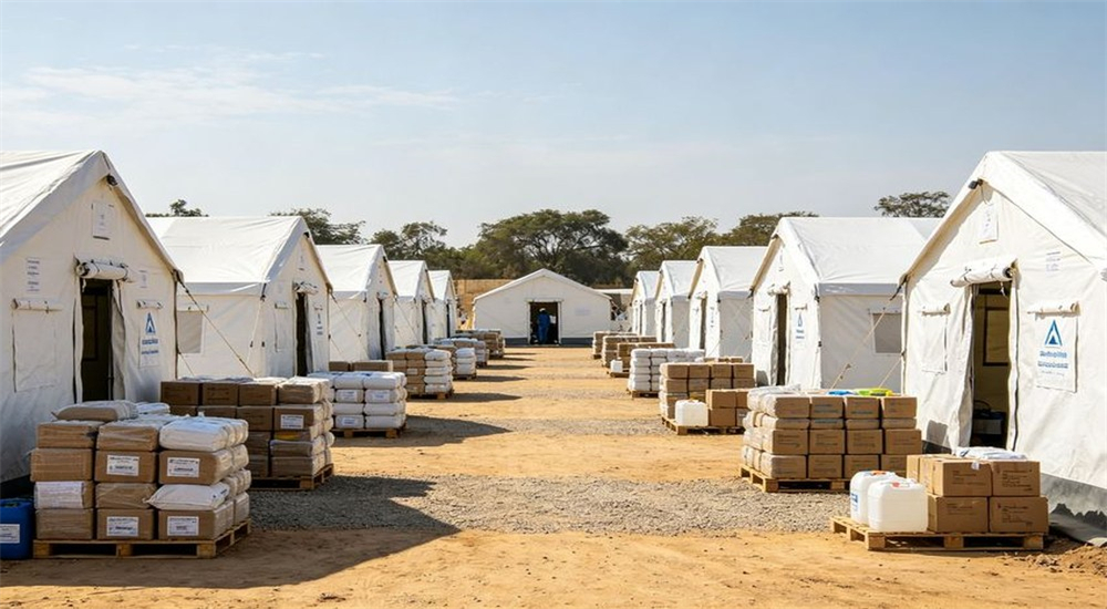 Humanitarian disaster relief camp with emergency tents for displaced persons Humanitarian disaster relief camp with emergency tents for displaced persons