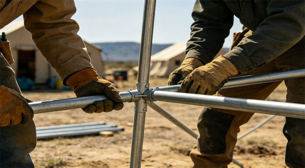 Workers setting up frame tent at remote construction site deployment Workers setting up frame tent at remote construction site deployment