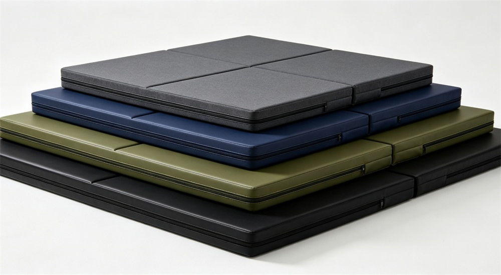 Multiple folding foam mattresses in dark grey navy olive green for remote camp bedding Multiple folding foam mattresses in dark grey navy olive green for remote camp bedding