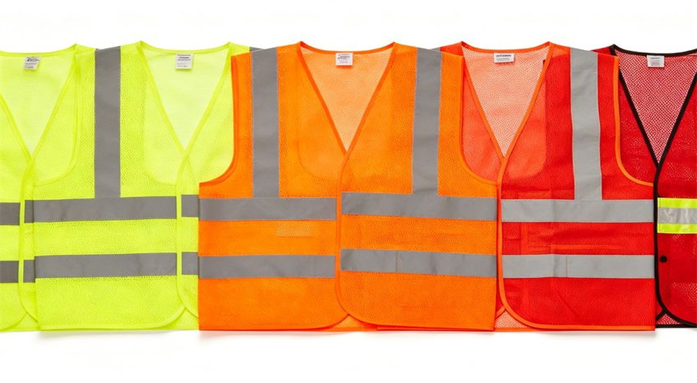 Reflective safety vests in fluorescent yellow orange red for high visibility work Reflective safety vests in fluorescent yellow orange red for high visibility work