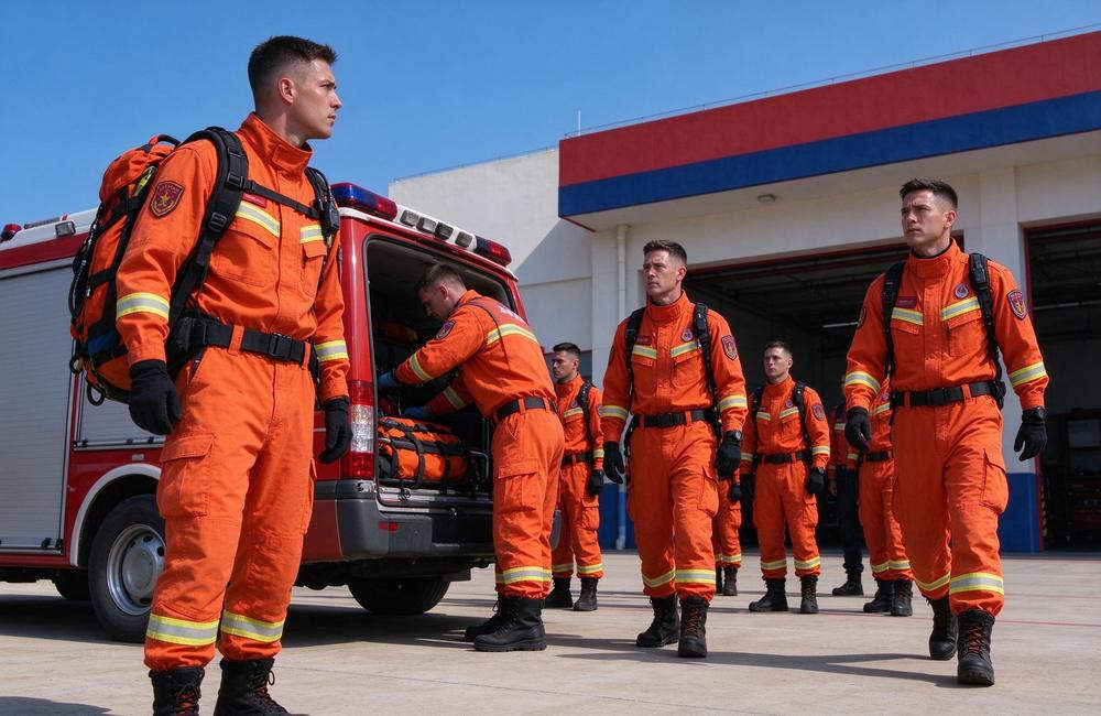 Eye-level view of emergency rescue team in versatile uniforms deploying for emergency rescue clothing wholesale supply and multi mission response readiness for emergency rescue clothing buyers
