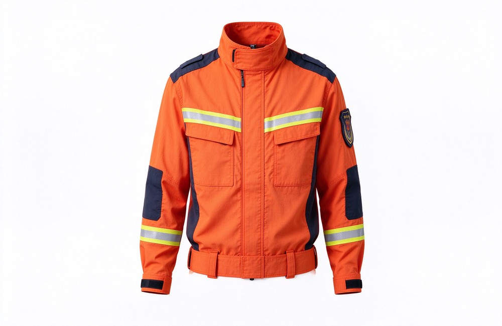 Close-up view of summer fast dry rescue suit in orange with reflective trim for emergency rescue clothing summer comfort and rescue suit wholesale procurement