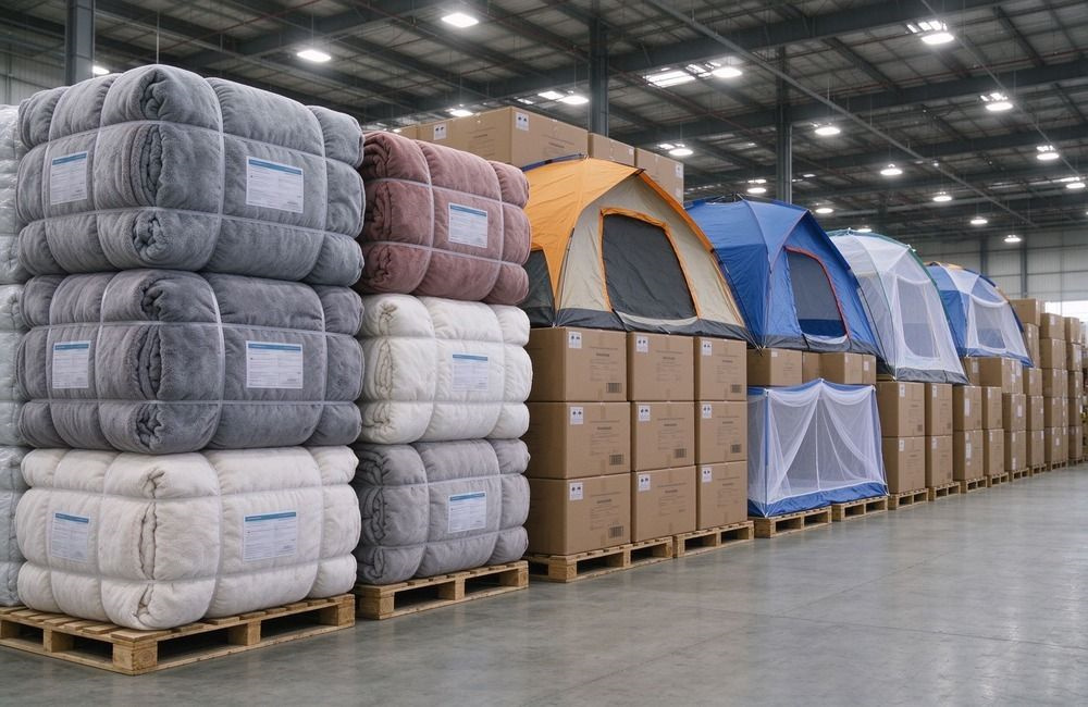 Bright relief warehouse stacked high with blanket bales, tent cartons and net boxes ready for shipment, showing relief supplies wholesale stock for Africa
