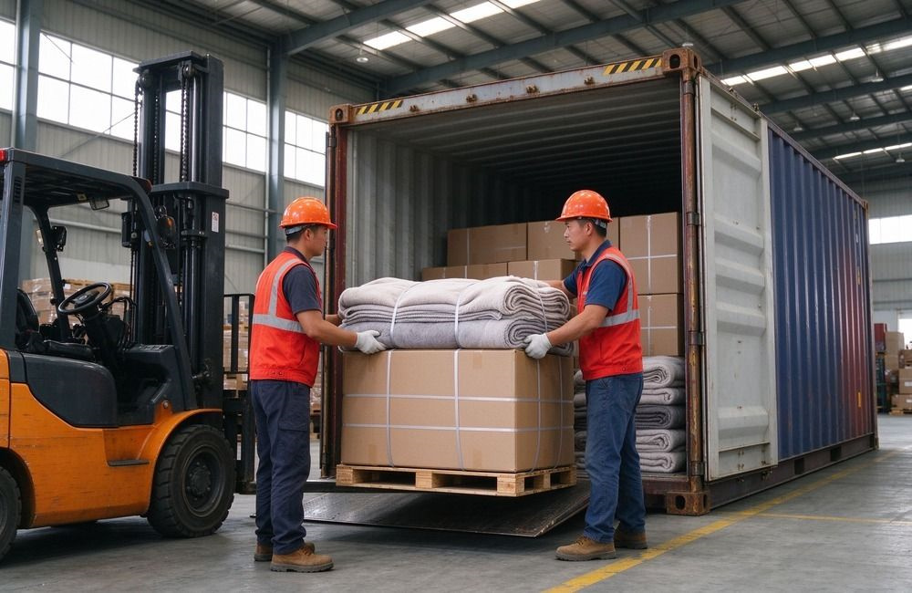 Workers loading relief supply cartons and blanket bales into a shipping container at a bright warehouse dock, showing relief supplies delivery logistics