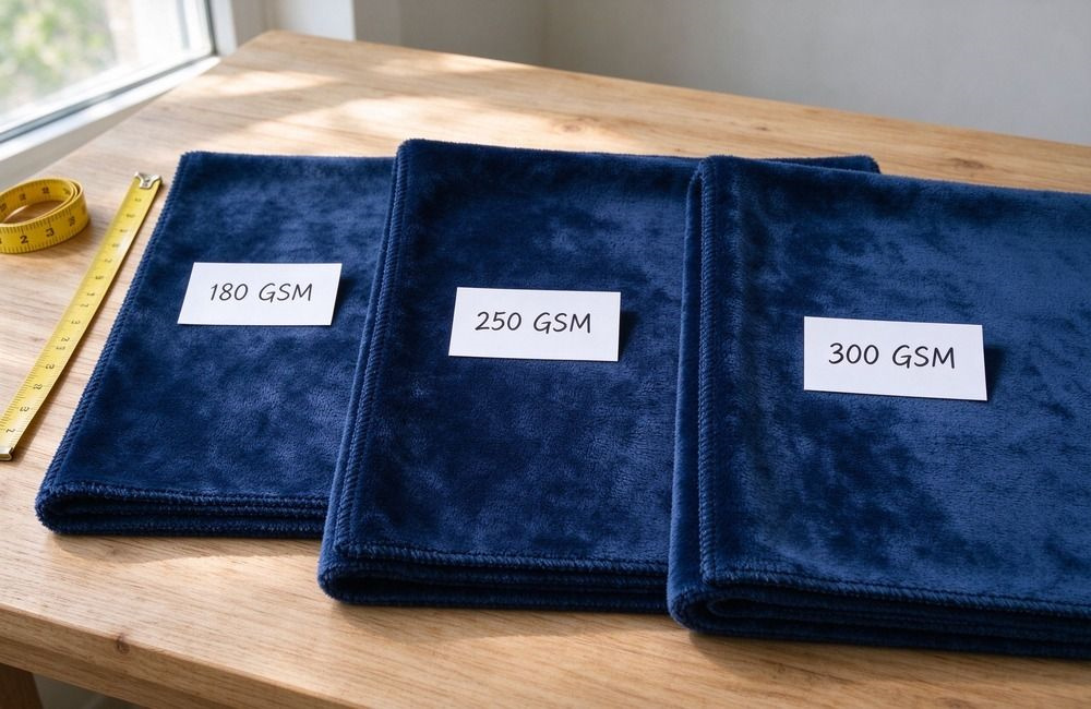 Three blanket fabric swatches labelled 180GSM 250GSM 300GSM on a bright table, showing relief blankets specification selection by fabric weight for African relief programs